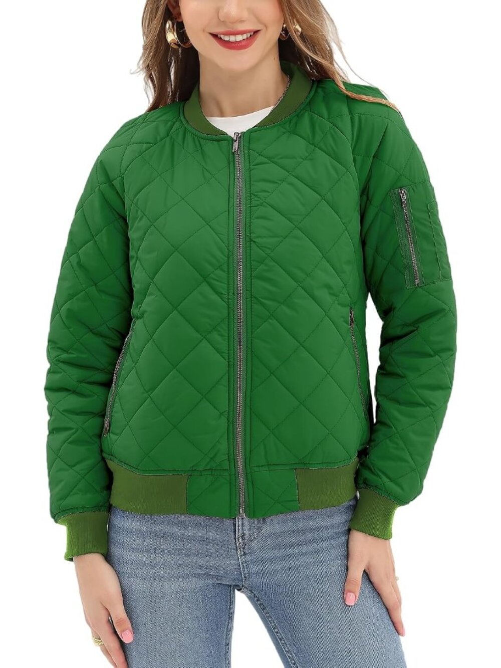 Women's Green Quilted Bomber Jacket with 5 Pockets Long Sleeves Front Zipper